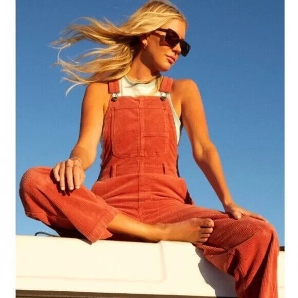Billabong Pants - Billabong x The Salty Blonde Corduroy Orange Straight Leg Overalls Womens L